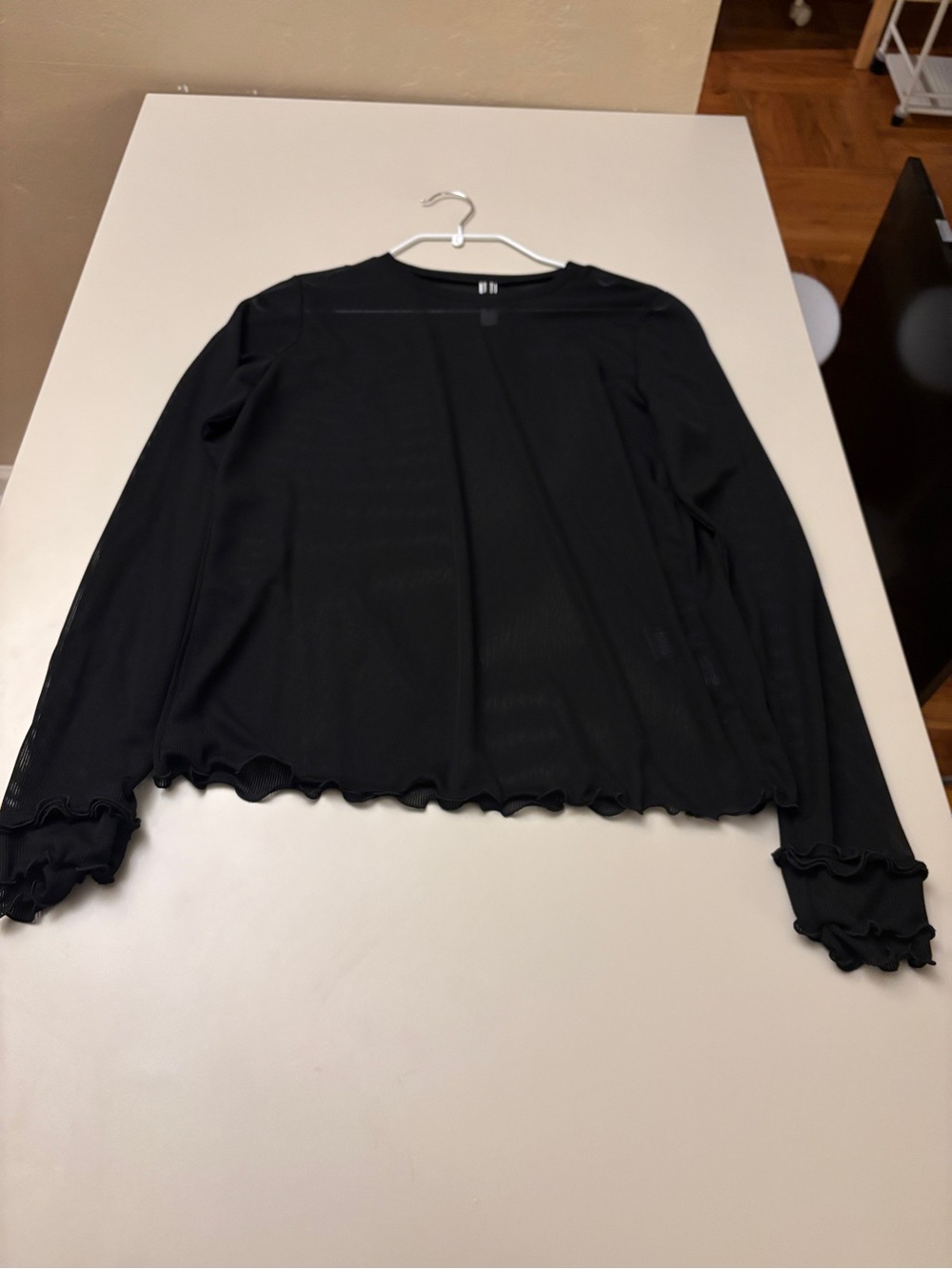 Black Long Sleeve Lettuce-Edge Top